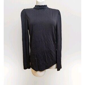 Ann Taylor Factory Size M Black Ruffled Mock Neck Long Sleeve Black Top